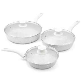 Bisetti Set 6 pz., padella ø 20, 24, 28 cm. con coperchi Stonewhite manici design legno bianco