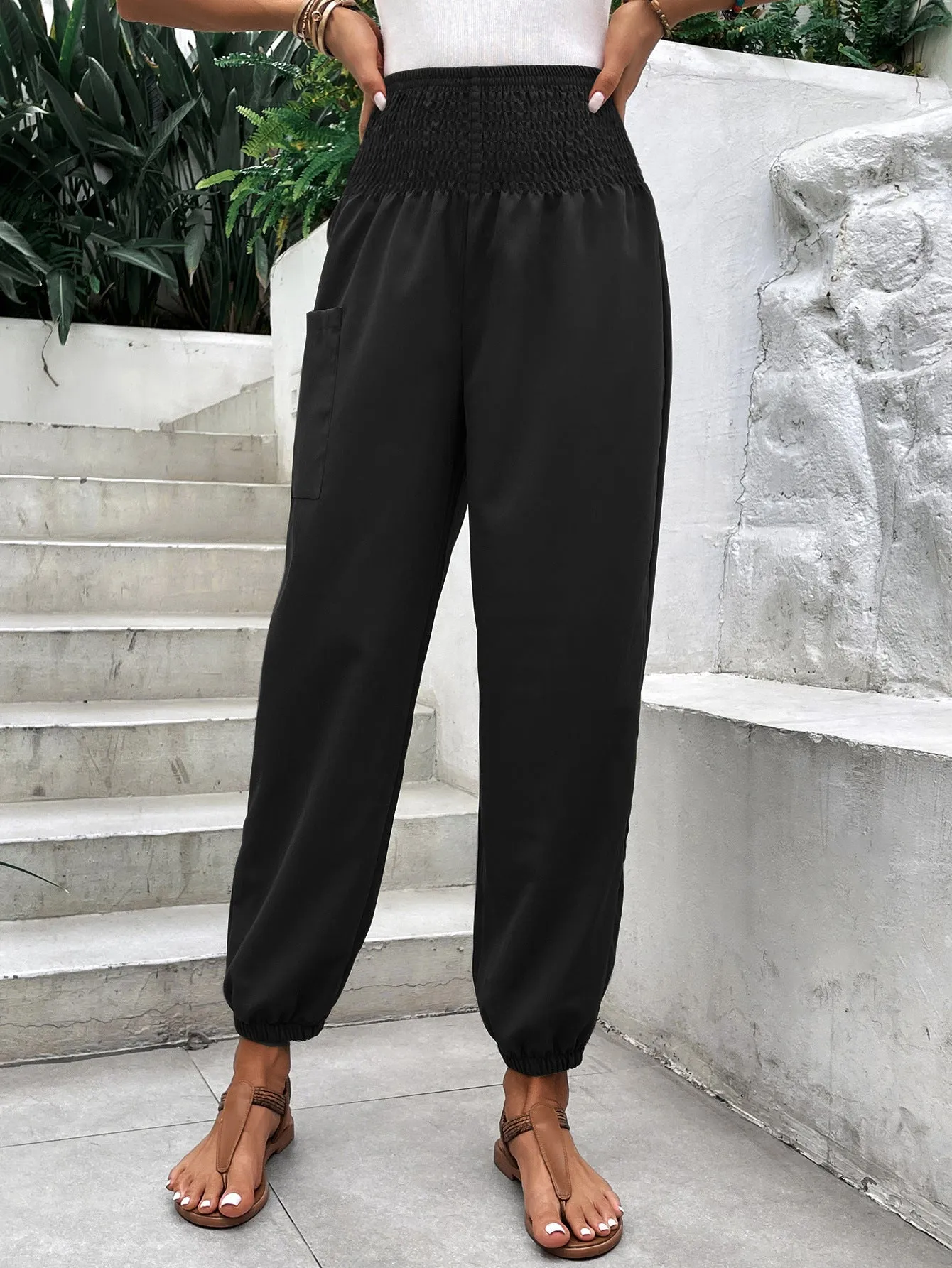 Pantaloni estivi a vita alta elasticizzata comodi casual da donna