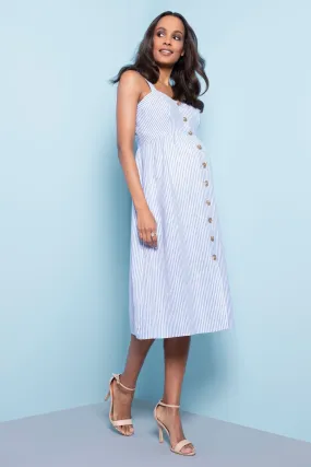 Seraphine Blu - Abito midi premaman e per l'allattamento in lino e cotone gessato