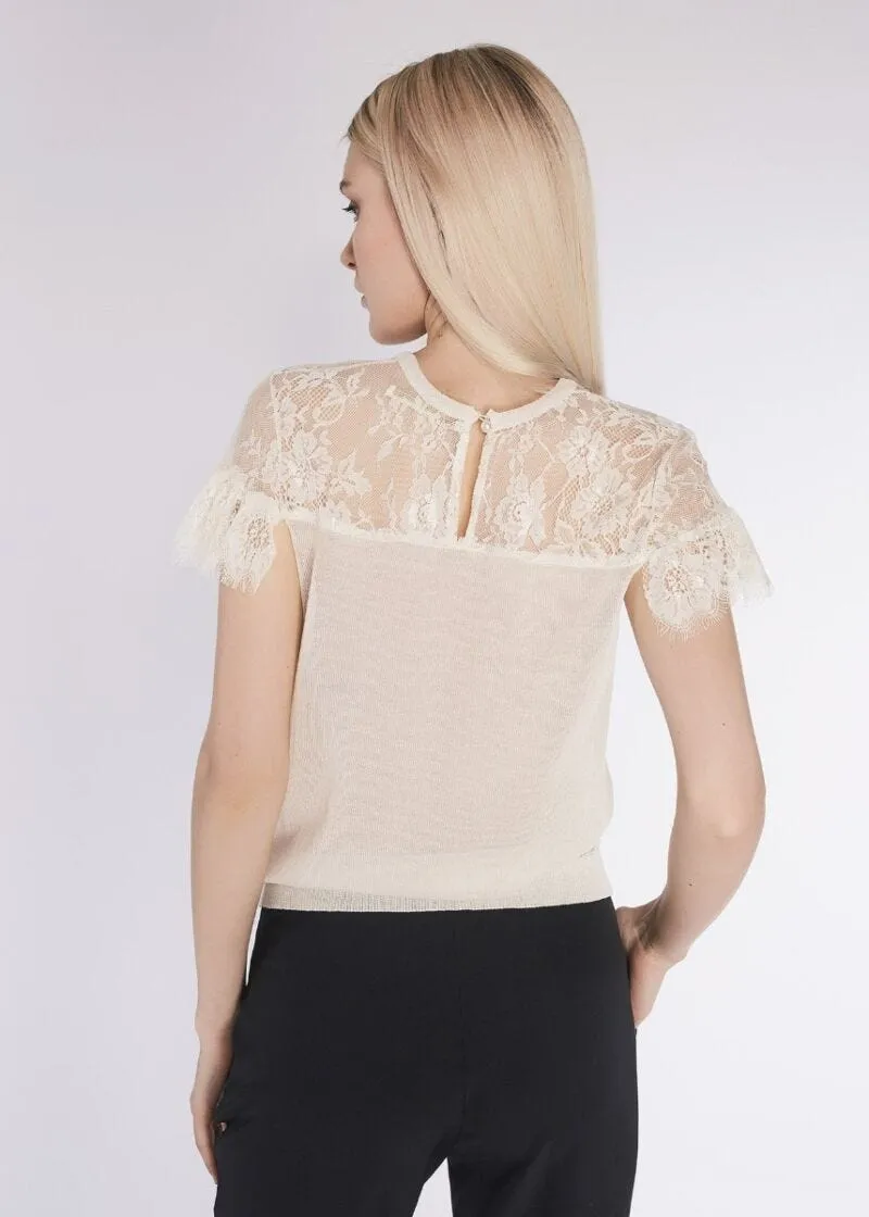 T-shirt con carré in pizzo