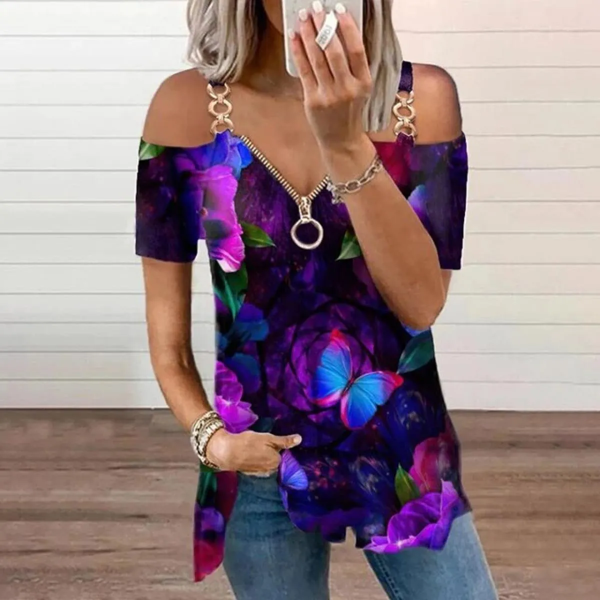 T-shirt da donna con cerniera con scollo a V e catena, camicetta estiva con spalle scoperte, tunica casual, top, abbigliamento 2