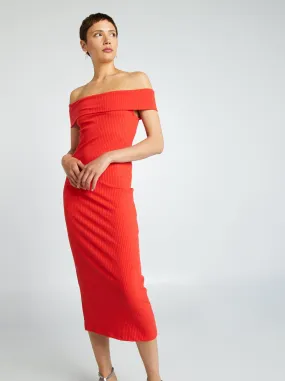 Vestito aderente in maglia a coste e scollo bardot - rosso